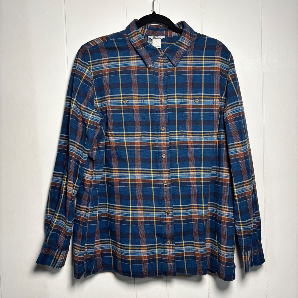 Duluth Trading Co Womens XL Blue Orange Plaid Flannel Button Down Shirt gorpcore